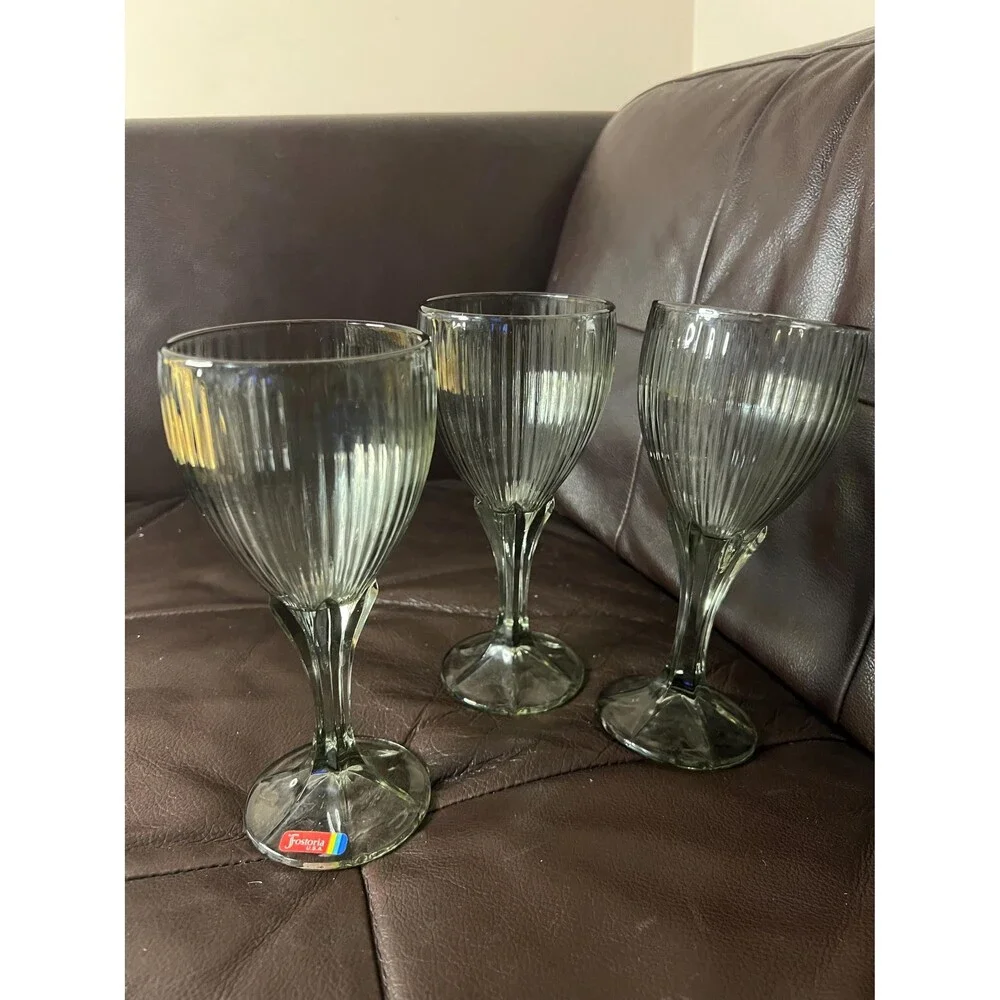 Fostotia MONET GRAY Wine Goblets or Cocktail 3 Ribbed Heavy VTG glasses